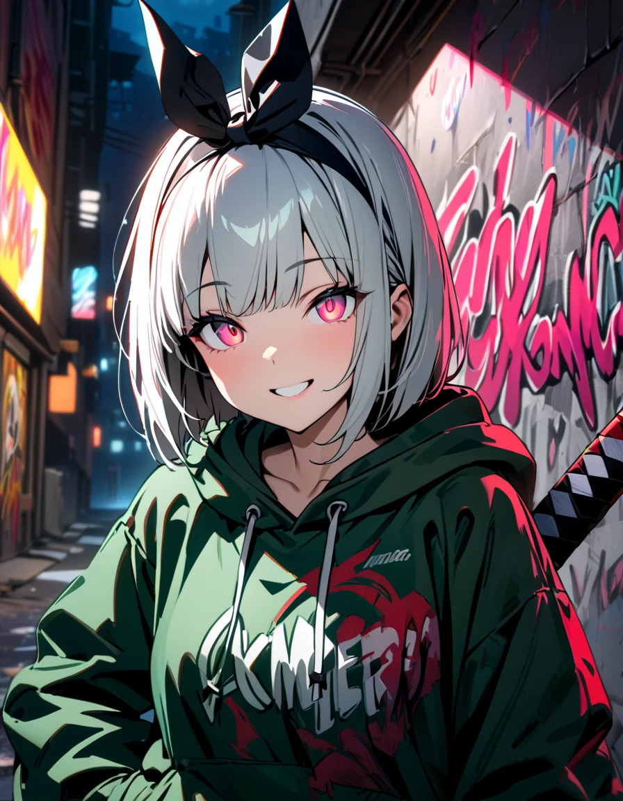 masterpiece,  best quality, 8k, detailed background, masterpiece,  best quality, smile,  small hips ,  hoodies , Portraiture, Neon Red, graffiti, dark, night, Shining Eyes,  black light,Konpaku Youmu,Japanese Sword Sword Sword Sword,beautiful blade 