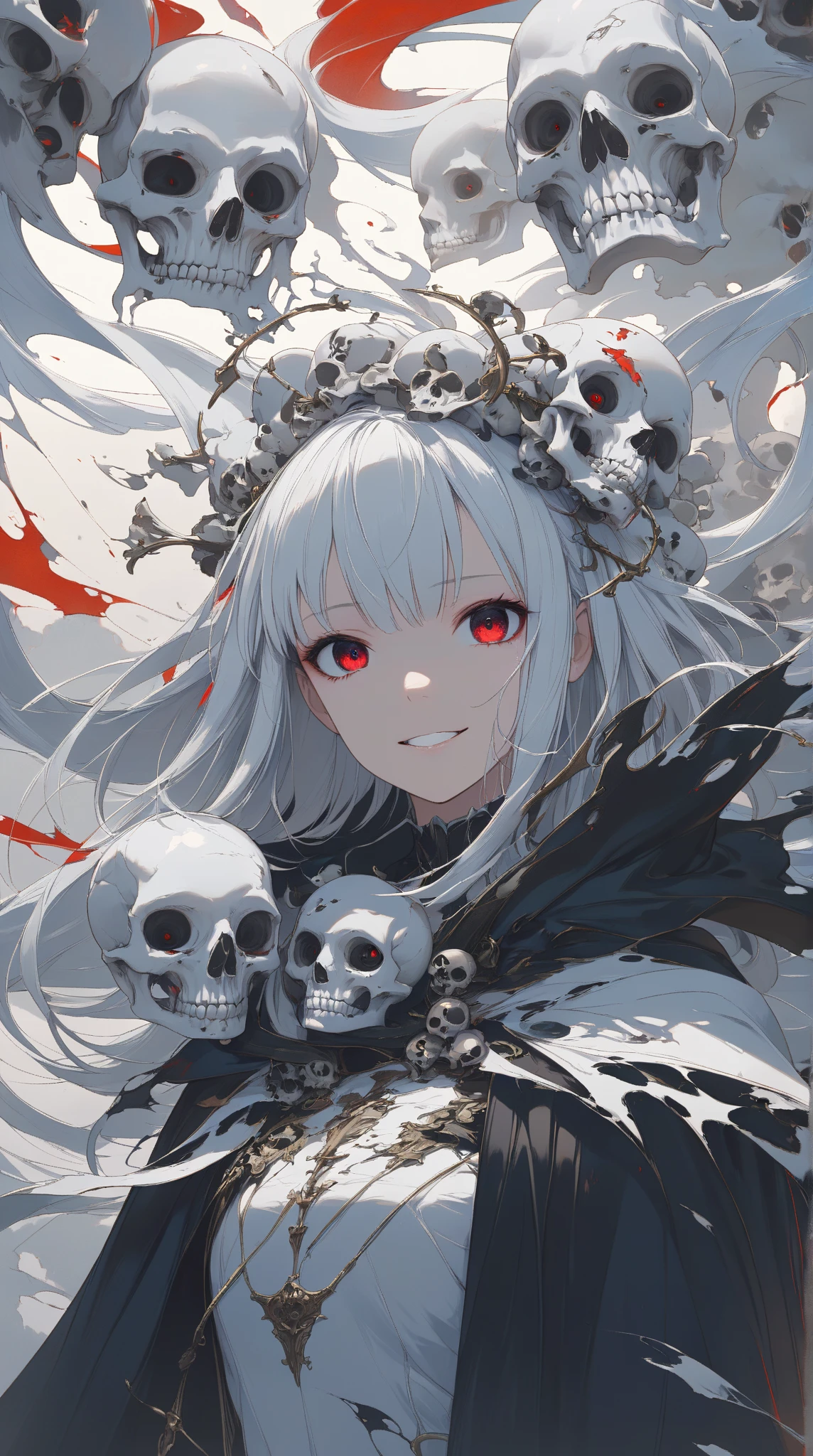 Anime girl, white hair, ((white skeleton)), red flower, ((big boobs)) , illustration, 25 year old, bone, skull, ((bust-up)), red eyes, black and red dress, luxurious,