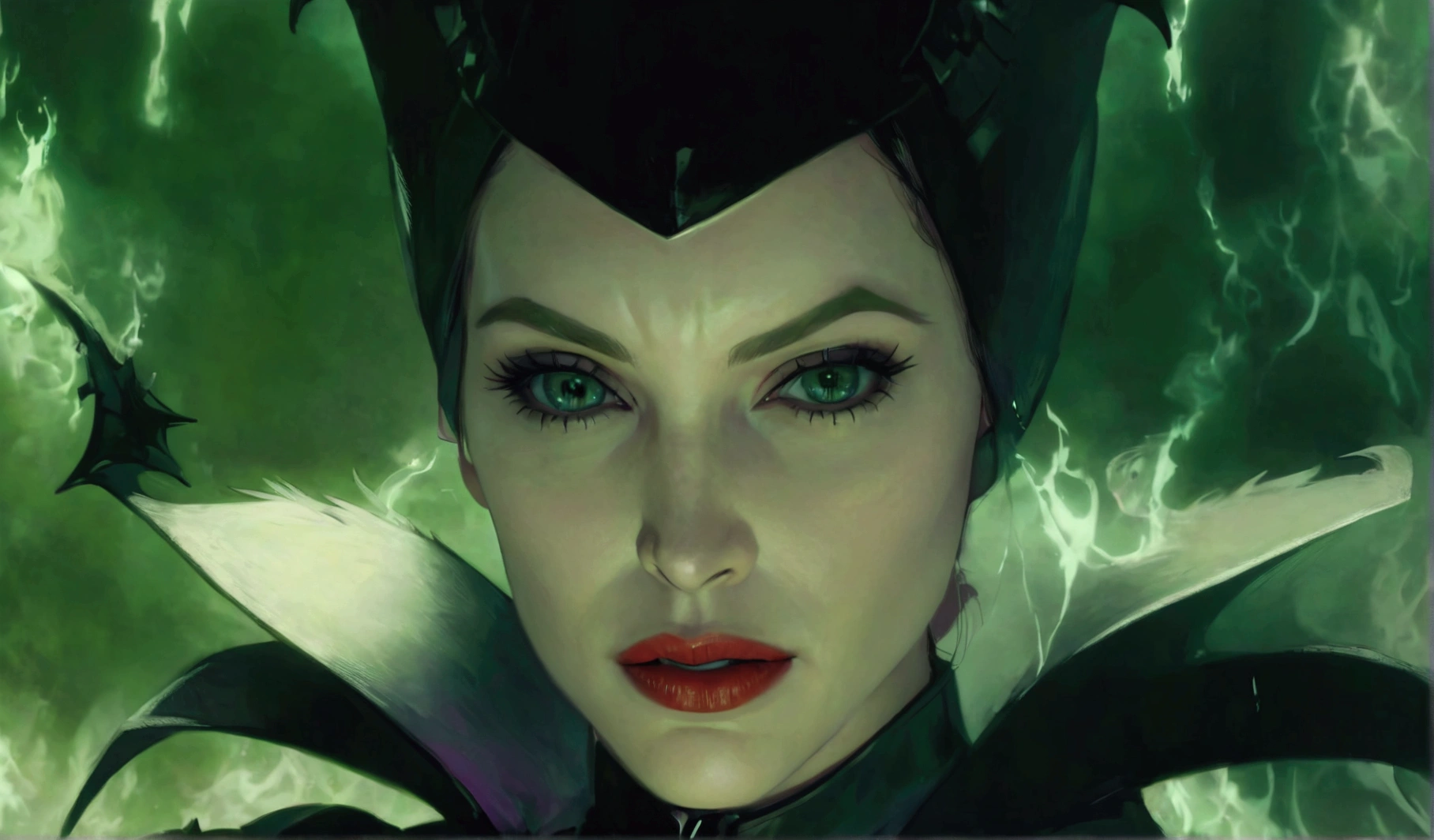 maleficent mistress in the new maleficent trailer, villainess, female disney villain, imax close-up of face, megan fox witch queen, enchantress, marvelous eyes, cinematic goddess close shot, doom beautiful face, amazing, angeline jolie, supervillain sorceress witch, intense stare, angelina jolie, nose of angelina jolie, villian