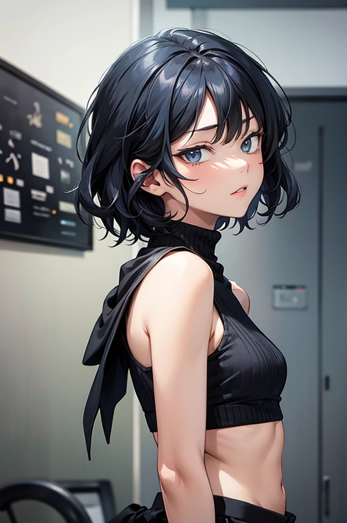 there is a picture of a male with female type hair like hair, solo, 1girl, black hair, looking at viewer, upper body, short hair, sleeveless, bare shoulders, from side