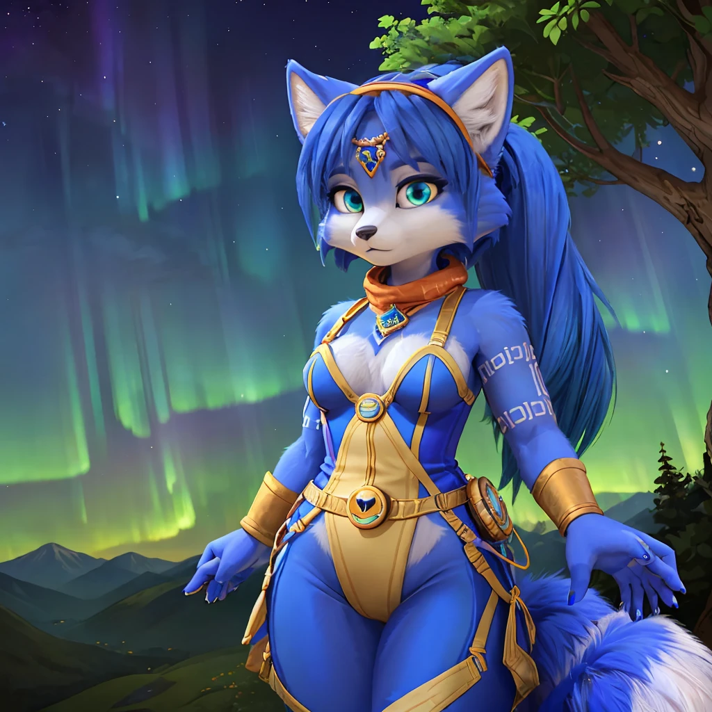A beautiful and detailed (sweet picture) wa ((krystal)), Star Fox Krystal, sslim, lovable, green eyes, medium breasts, (((Long blue hair 1.3))), Decollete, grin, look up,, anthro, furry, Uploaded E621, detailed fluffy fur, (wa Fluff-Kevlar, Bayard Wu, personalize me, Pino Daeni), detailed face, (fluffy), 1 girl, alone, sweet girl, alone, magician clothing