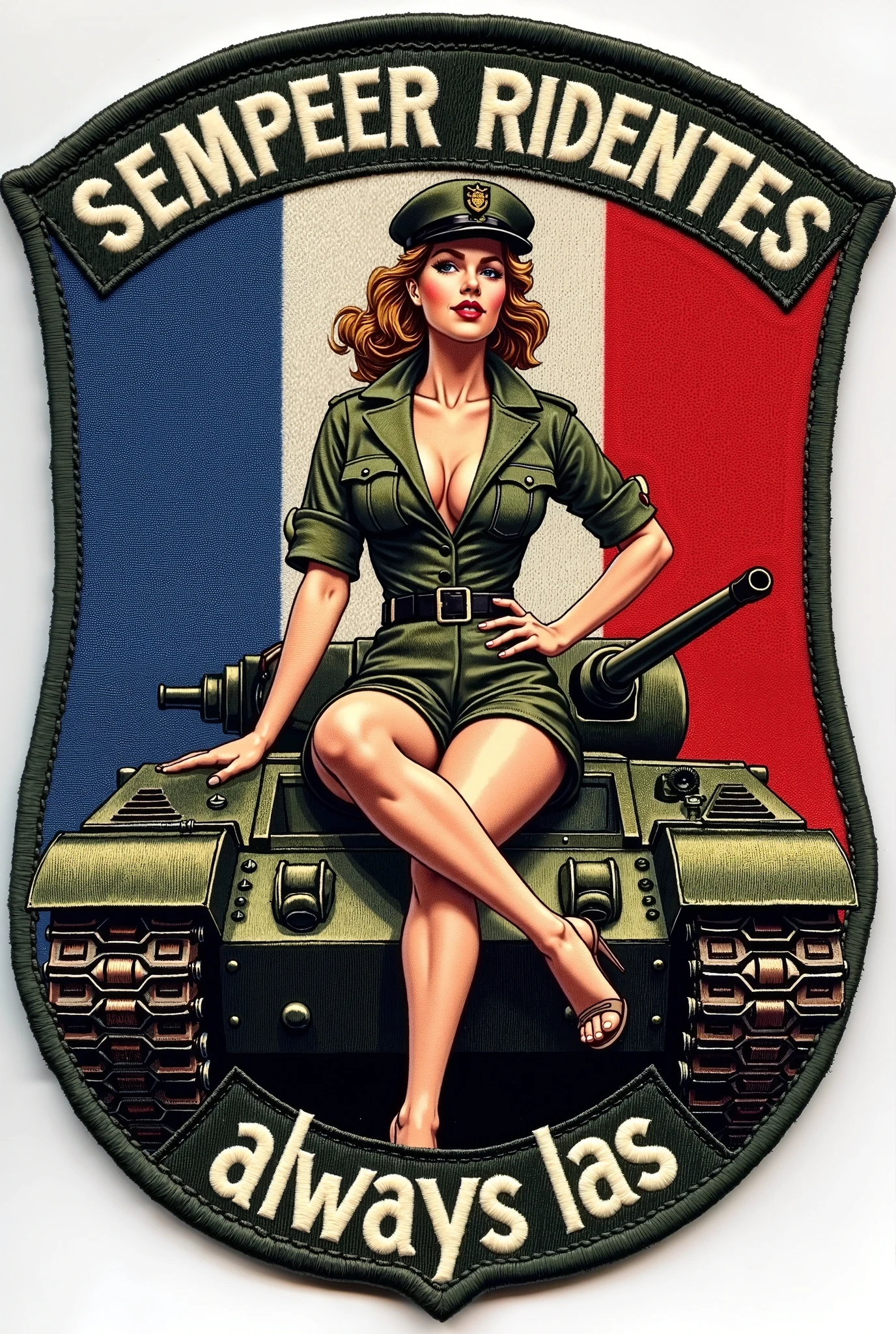 World war 2 pin up girl wearing an army uniform with the phrase "making chaos look good"