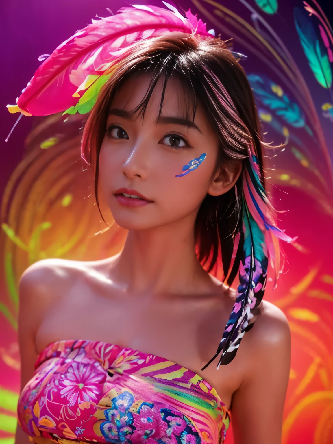 (Masterpiece, Highest quality, best quality, official art, beautiful and beautiful:1.2), (1 girl:1.3), very detailed,(fractal art:1.1),(colorful:1.1)(flower:1.3),Maximum details,(Zentangle:1.2), full body, (abstract background:1.3), (Shiny skin), (many colors:1.4), ,(earring), (feather:1.5),