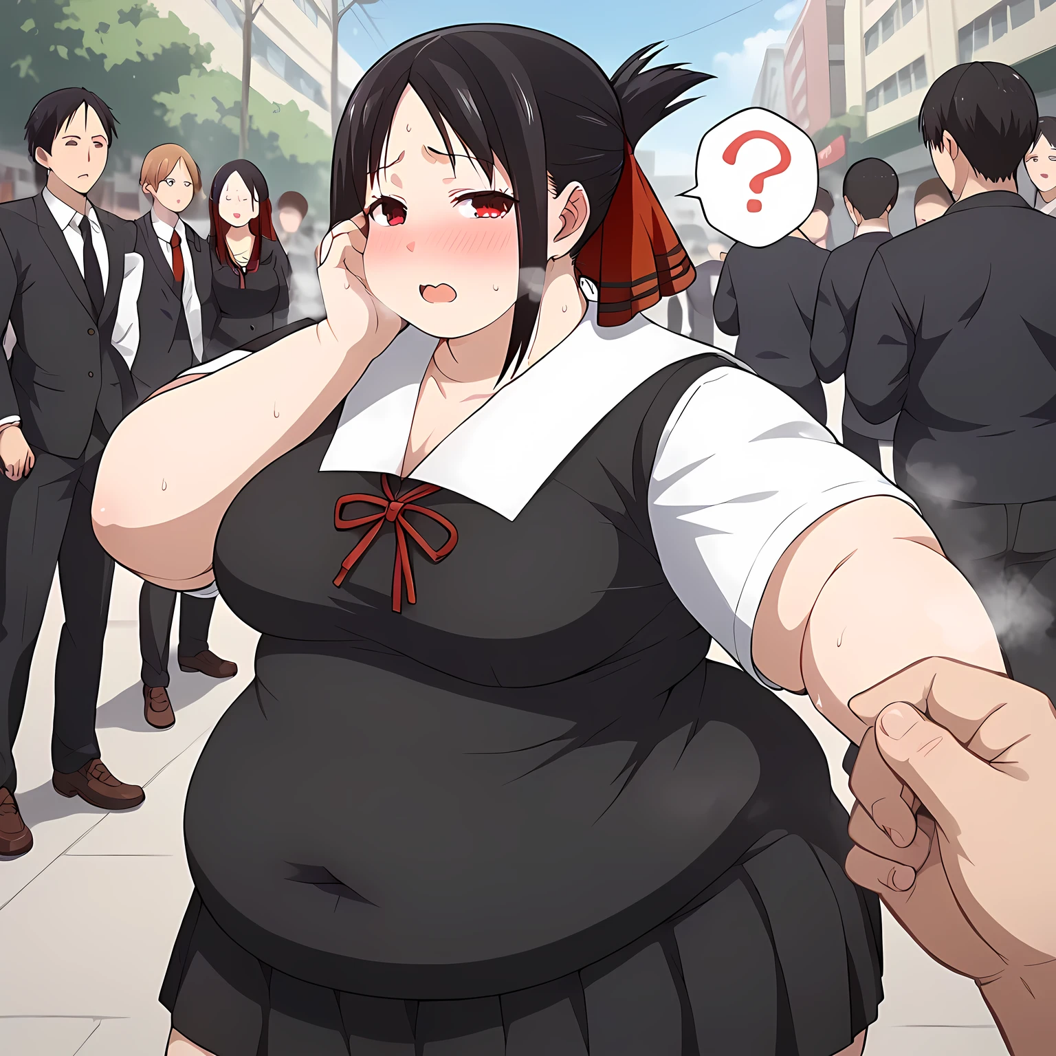 score_9, score_8_up, score_7_up, source_anime BREAK 1girl, Shinomiya Kaguya, (black school uniform, black miniskirt), black hair, red eyes , steam, steaming, (sweat)1.4, very sweaty, sweaty body, steaming body,, looking at viewer,  standing, outside, city, street, crowd, , , ass, , skindentation, rating_safe ,swollen face, fat, chubby, obese, open mouth, out of breath, absurdres, highres icon, rating:General, confused, blush, spoken question mark, {flustered}, nervous sweating, portrait, pov hands, hand on another's cheek, averting eyes, [looking away], straight-on, from above,  upper body, masterpiece, best quality, ultra-detailed, high resolution, 8K, absurdres, highres icon,
