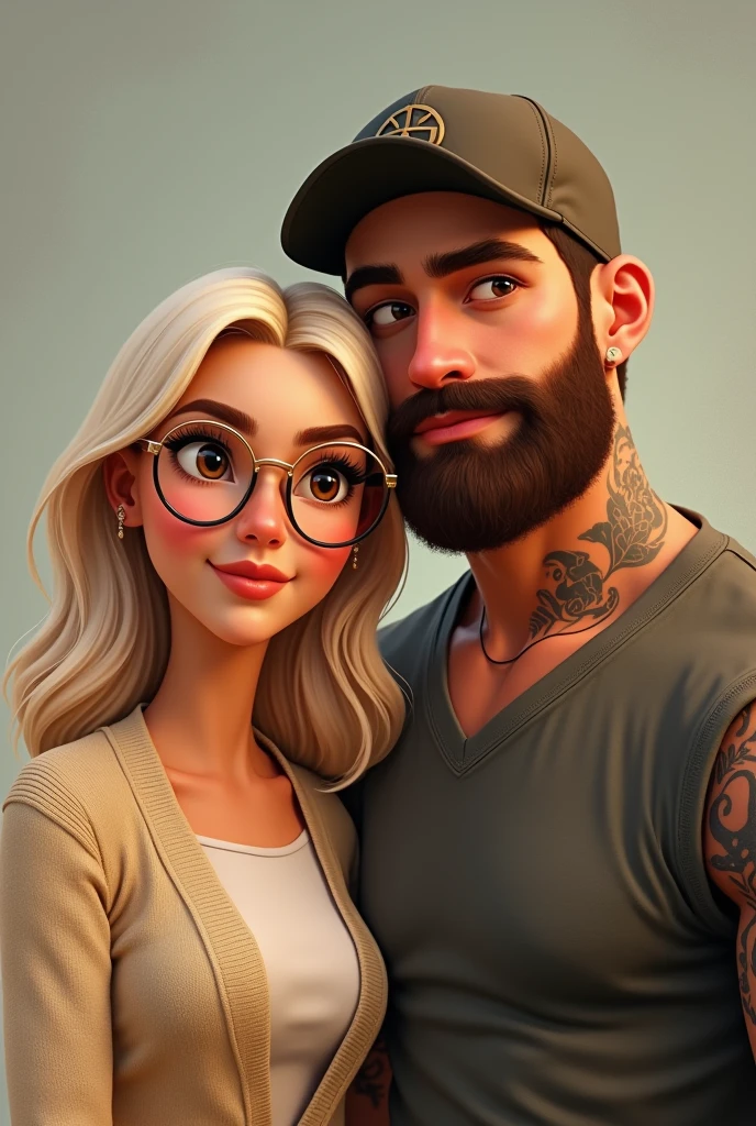 Une femme cheveux blonds décolorés jusqu'aux épaules. Ses yeux sont marrons foncé et ses sourcils sont noirs, grandes lunettes de vue, fine monture ronde dorée. Elle porte un gilet beige.Elle est chrétienne et passionnée par la lecture.
Son mari a une barbe noire, porte une casquette, est fort et a beaucoup de tatouages sur les .
#Personnage #pixar
