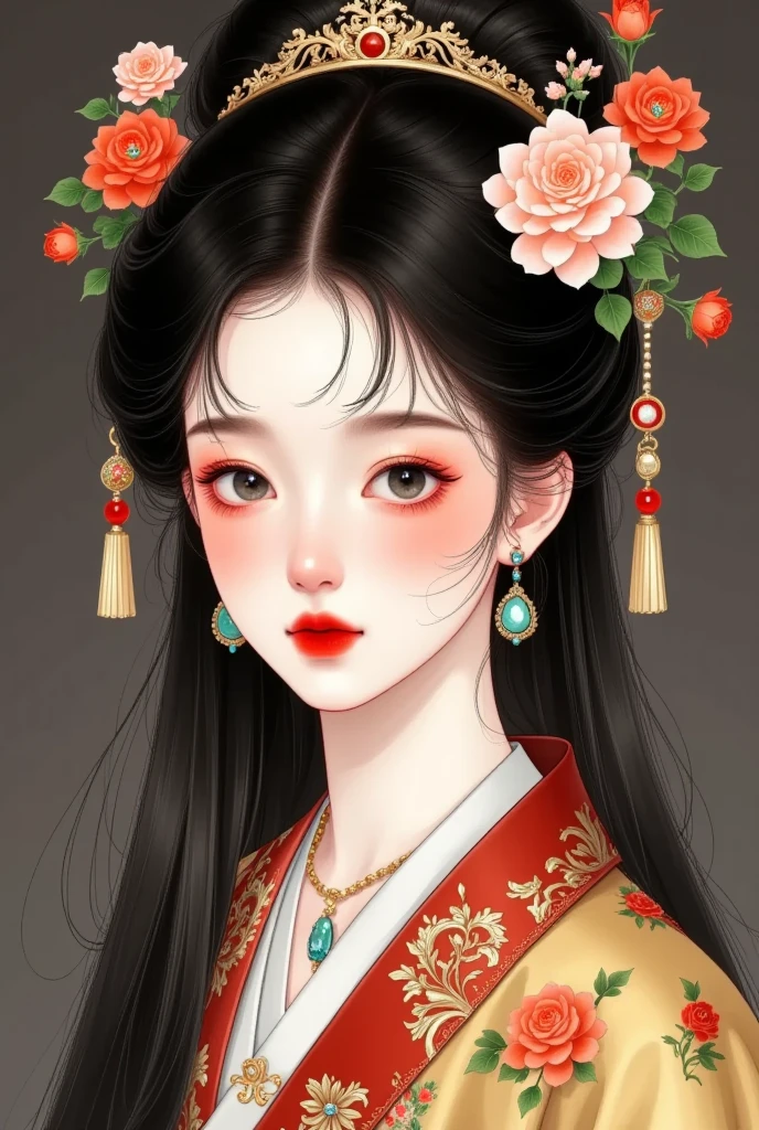 a beautiful young girl in traditional chinese clothing, detailed facial features, piercing black eyes, long black hair, closed mouth expression, wearing ornate jewelry and accessories including earrings, necklace, and bracelet, elegant long sleeves, looking directly at the viewer, subtle makeup including red lipstick, serene solitary expression, (best quality,4k,8k,highres,masterpiece:1.2),ultra-detailed,(realistic,photorealistic,photo-realistic:1.37),porcelain skin,intricate details,cinematic lighting,vibrant colors,chiaroscuro lighting