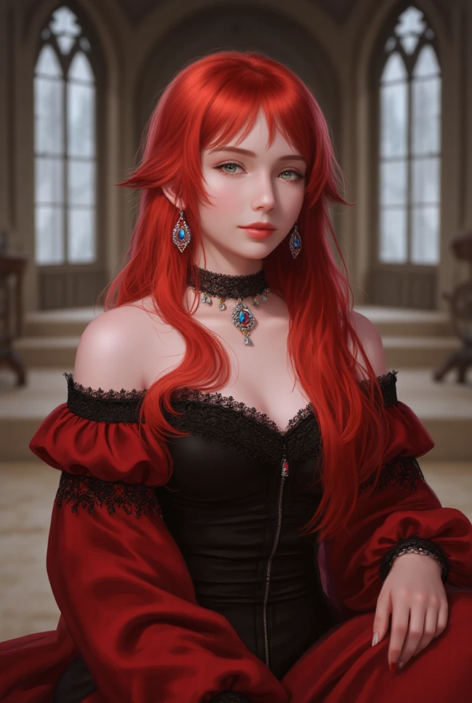 Image is a digital artwork featuring a fantasy-style portrait of a woman with long, vibrant red hair cascading over her shoulders. She has fair skin and striking green eyes, with a confident and serene expression. Her attire is an elegant, off-the-shoulder red dress with intricate black lace details and a fitted black corset. She is adorned with ornate jewelry, including a choker and earrings with blue and red gemstones, and a bracelet on her right wrist. The background is a softly lit, ornate setting with large windows allowing natural light to filter through, creating a serene and regal atmosphere.