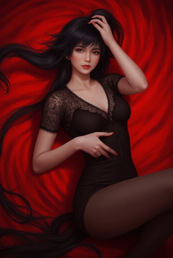 Image is a digital painting featuring a stylized, fantasy-themed portrait of a woman with long, flowing dark hair. The background is a vibrant, swirling red, enhancing the dramatic and intense atmosphere. The subject has a fair complexion and striking facial features, including high cheekbones and full lips. She is adorned in an intricate, form-fitting outfit with lace-like patterns, predominantly in black, which contrasts with the red background. Her pose is dynamic and confident, with one arm raised above her head and the other resting on her hip. The lighting accentuates her figure, creating a sense of depth and movement. The overall composition is bold and visually captivating, with a focus on the interplay of light and shadow.