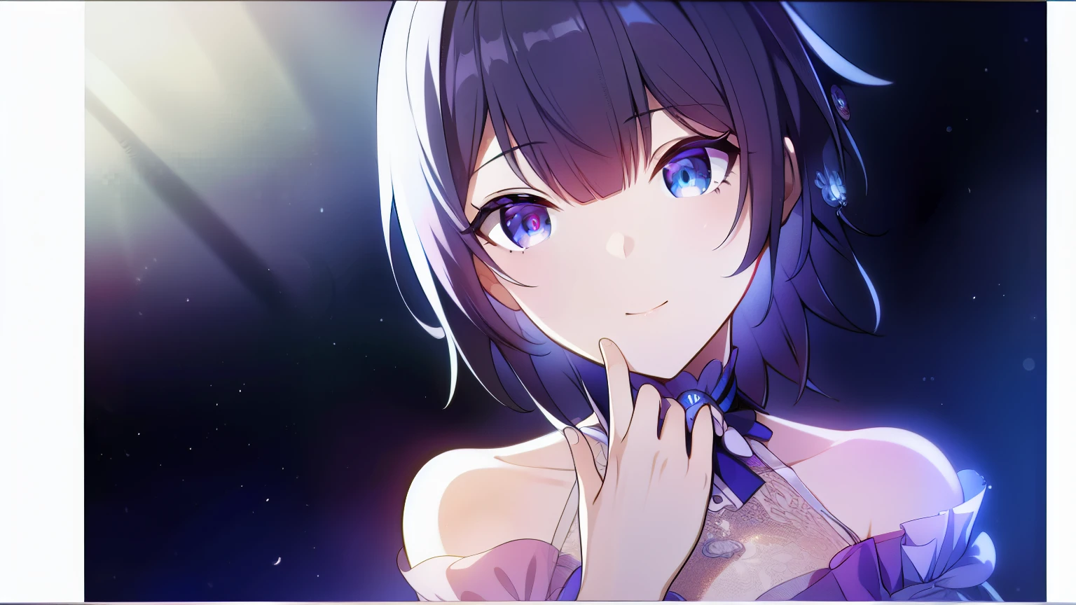 morino_kotomi, solo, black blue hair, short to medium hair, pink jacket, cerulean blue eyes, visual novel cg style, flat smiling, BREAK looking at viewer, BREAK (masterpiece:1.2), best quality, high resolution, unity' 8k wallpaper, (illustration:0.8), (beautiful detailed eyes:1.6), extremely detailed face, perfect lighting, extremely detailed CG, (perfect hands, perfect anatomy)