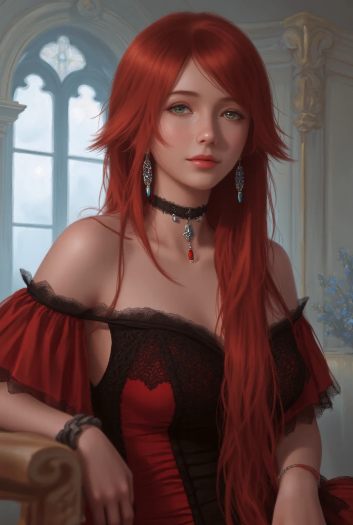 Image is a digital artwork featuring a fantasy-style portrait of a woman with long, vibrant red hair cascading over her shoulders. She has fair skin and striking green eyes, with a confident and serene expression. Her attire is an elegant, off-the-shoulder red dress with intricate black lace details and a fitted black corset. She is adorned with ornate jewelry, including a choker and earrings with blue and red gemstones, and a bracelet on her right wrist. The background is a softly lit, ornate setting with large windows allowing natural light to filter through, creating a serene and regal atmosphere.