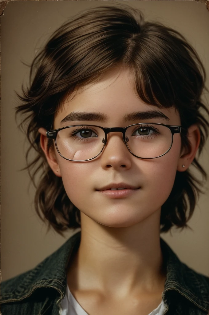 Realistic photo of a 28yo tomboy girl with natural nice soft chestnuts of European appearance, boyish short disheveled shaggy brown hair to pixie hairstyle; Large shiny dark brown eyes, eyelashes, thick eyebrows, ((glasses)), (rounded innocent and cute face), Mischievous, Carefree, Shameless, Cheerful, lgbt, mischievous hooligan look, She looks at the camera from under his eyebrows(a slight tilt of the head forward and down), free boyish clothstyle, Shoes; no makeup, no jewelry, no earrings, Unadorned; Gouging hooligan pose; Professional studio photography with a film SLR camera("Zorkiy-4"), (upper part body shot to passport photo), hight resolution, Natural Realistic Detailed Skin Texture, natural lightin, 8K, Texture of the photo card, Maximum photorealism, masterpiece