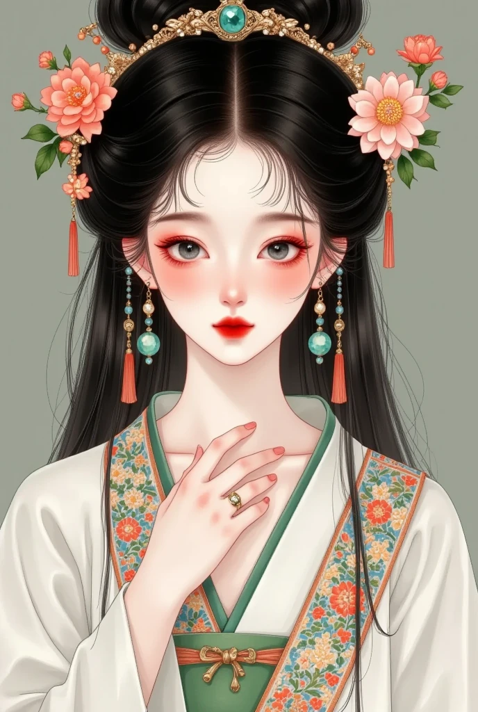 a beautiful young girl in traditional chinese clothing, detailed facial features, piercing black eyes, long black hair, closed mouth expression, wearing ornate jewelry and accessories including earrings, necklace, and bracelet, elegant long sleeves, looking directly at the viewer, subtle makeup including red lipstick, serene solitary expression, (best quality,4k,8k,highres,masterpiece:1.2),ultra-detailed,(realistic,photorealistic,photo-realistic:1.37),porcelain skin,intricate details,cinematic lighting,vibrant colors,chiaroscuro lighting