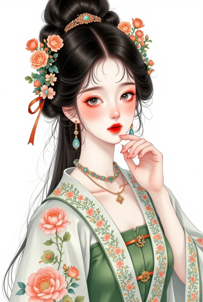 a beautiful young girl in traditional chinese clothing, detailed facial features, piercing black eyes, long black hair, closed mouth expression, wearing ornate jewelry and accessories including earrings, necklace, and bracelet, elegant long sleeves, looking directly at the viewer, subtle makeup including red lipstick, serene solitary expression, (best quality,4k,8k,highres,masterpiece:1.2),ultra-detailed,(realistic,photorealistic,photo-realistic:1.37),porcelain skin,intricate details,cinematic lighting,vibrant colors,chiaroscuro lighting