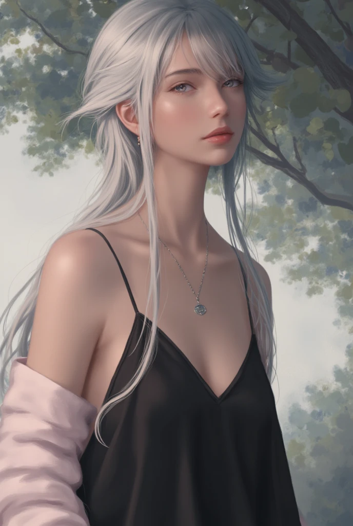 Image is a digital illustration featuring a young woman with fair skin and long, flowing silver hair styled in a loose ponytail. She is wearing a black spaghetti strap top and a delicate necklace with a small pendant. Her facial features are soft and refined, with a serene expression. The background is a soft, blurred depiction of foliage, with dappled sunlight casting gentle shadows across her figure. The overall color palette is muted and harmonious, emphasizing the tranquil and ethereal atmosphere of the scene. The style is realistic with a touch of fantasy, capturing a moment of quiet introspection.