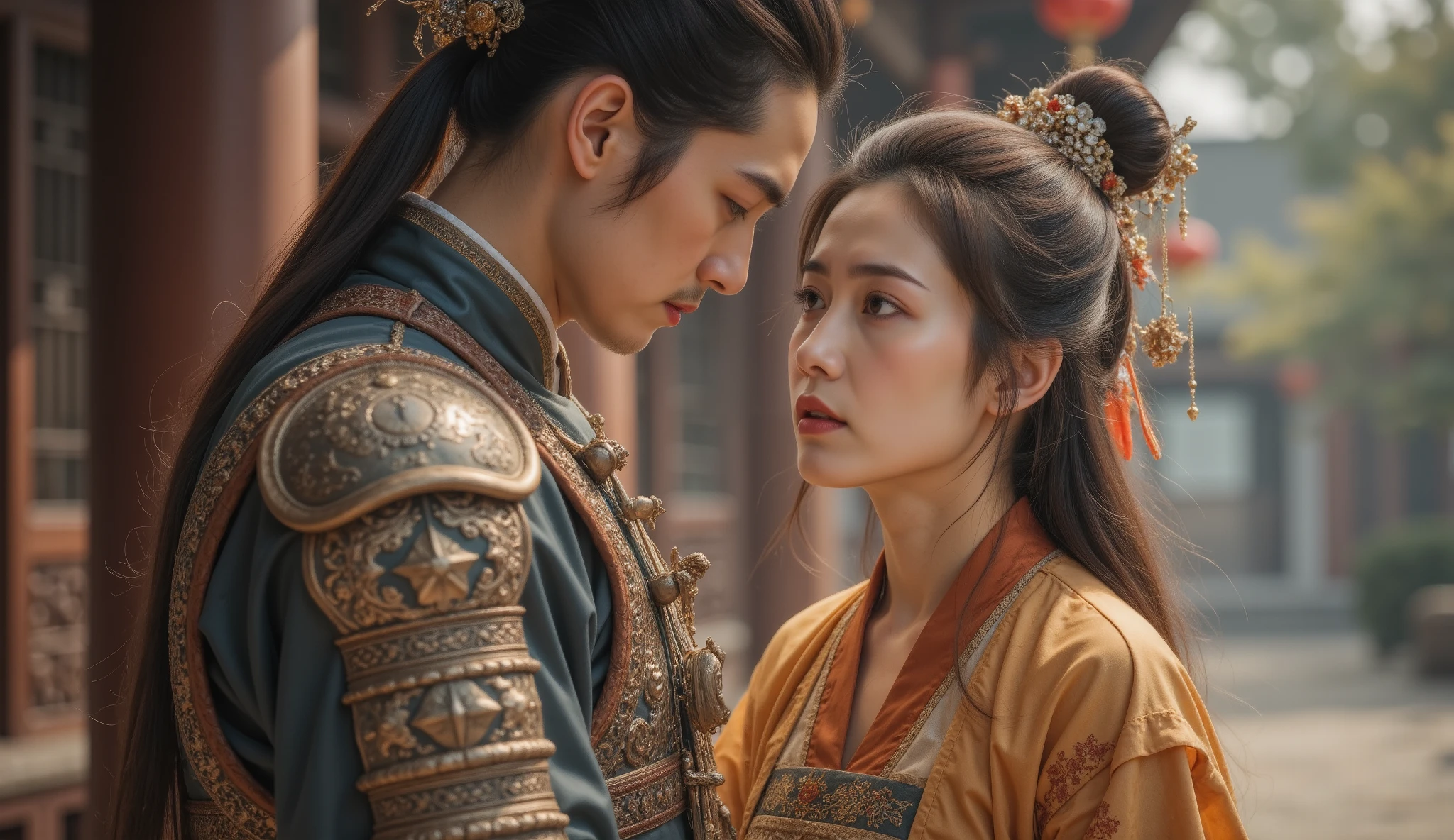 Tang Dynasty,Girl wearing Hanfu,男孩身披Tang Dynasty铠甲和(Leather Armor:1.1),, ready to go to the frontier ,Girl says goodbye with tears 。 can be shot with backlighting ,突出男孩Tang Dynasty铠甲的轮廓和女孩含泪的眼神。