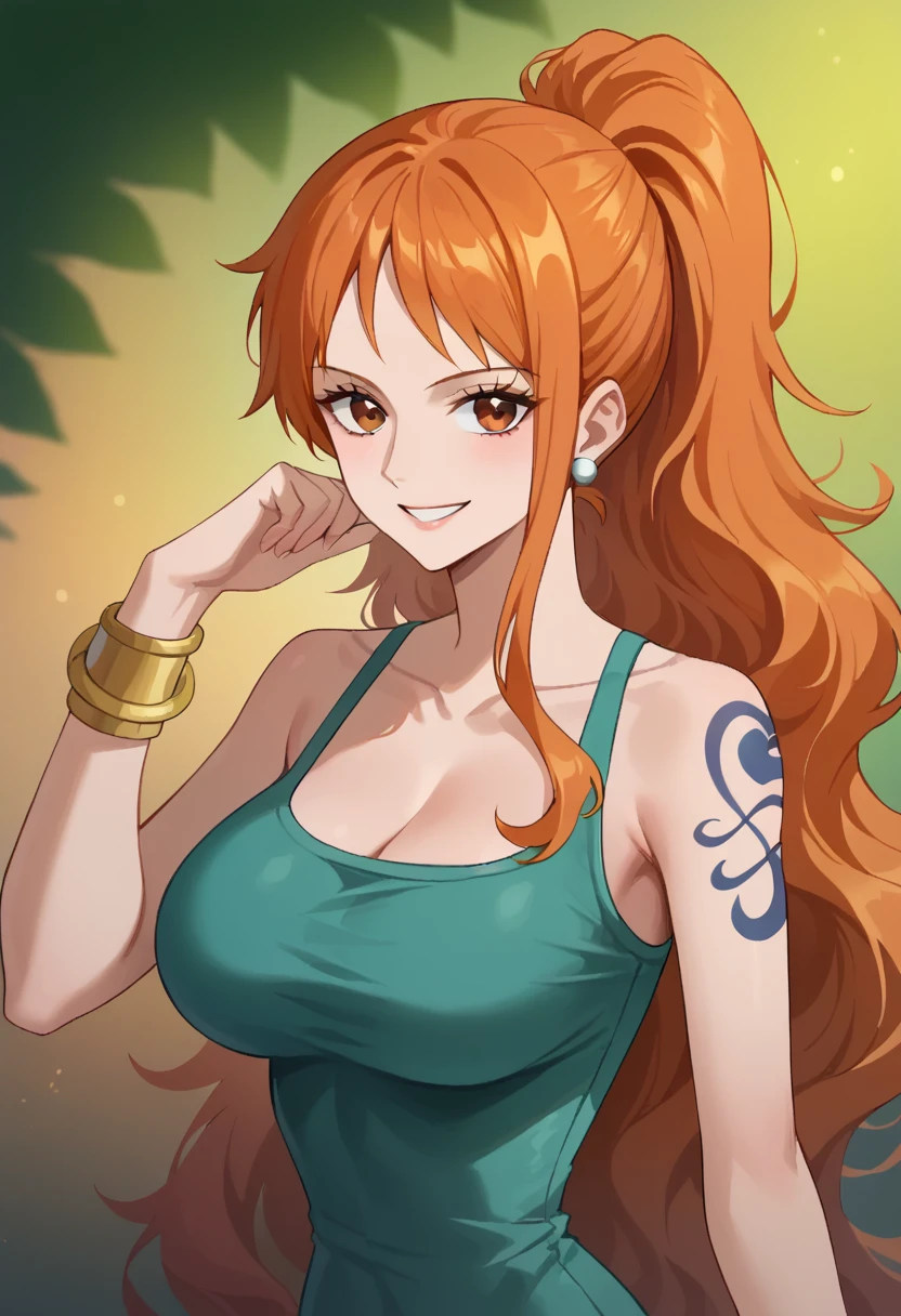 1girl, solo, long hair, smile, jewelry, orange hair, earrings, looking at viewer, bracelet, breasts, ponytail, brown eyes, orange eyes, left shoulder tattoo, bare shoulders, very long hair, sidelocks, bangs, collarbone, left arm tattoo, bare arms, shiny hair, bangle, large breasts, wavy hair, ,nami_\(one_piece\), dongtan dress
