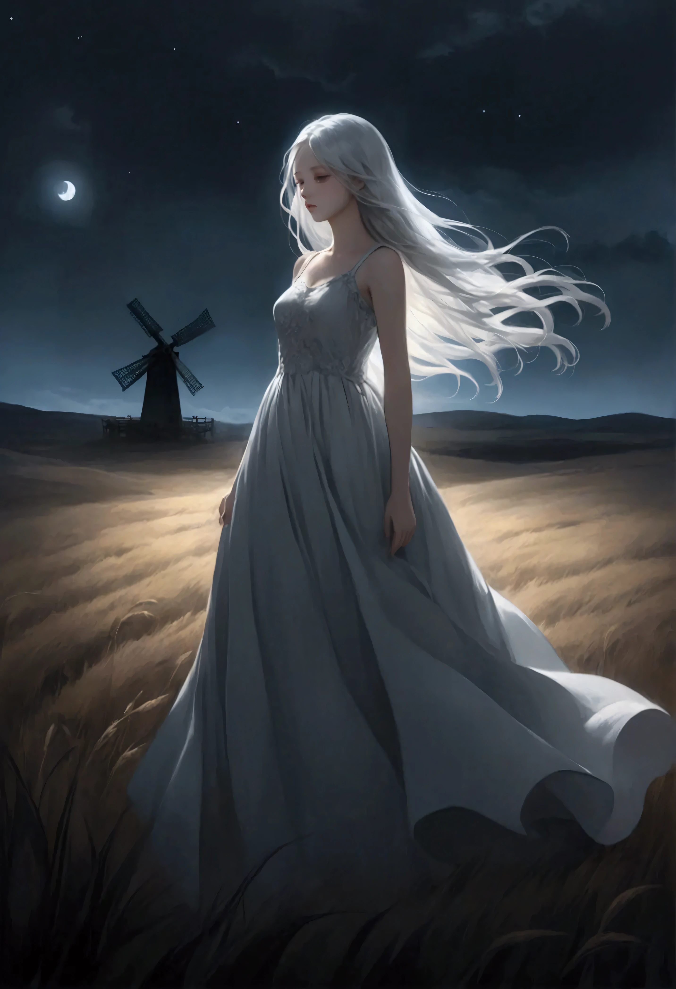 illustration, best quality, 1girl, doll-like appearance, long silver hair, flowing dress, melancholic expression, standing in a desolate field, two large windmills in the background, illuminated by soft moonlight, cloudy night sky, ethereal glow, wind gently blowing through the scene, surreal atmosphere, poetic and mysterious tone
