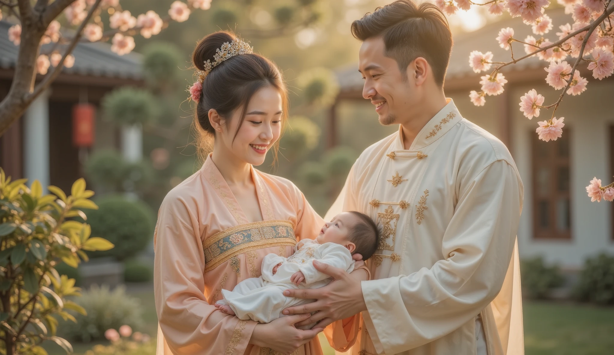 Tang Dynasty,Girl wearing Hanfu,Blossoming summer day , of a woman holding a lovely , and a man watching the happily beside him, walking happily in the yard ,You can show the birth and happiness of a new life through a heartwarming scene , 。