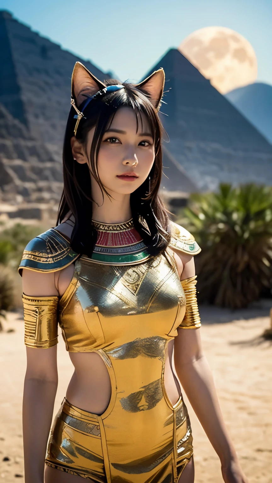 ((((highest quality))))、(((Ultra-precision CG16K wallpaper)))、(((masterpiece)))、(((Super detailed)))、(((super extreme details)))、1people's women、mature woman、25 year old woman、((Japanese face))、((very beautiful face))、((Masami Nagasawa:1.5))、((Straight medium hair:1.3))、(shiny hair)、bangs up to eyebrows、beautiful brown hair、beautiful delicate eyes、brown eyes、raised eyebrows、high nose、small nostrils、small mouth、seductive lips、mouth slightly open、beautiful breasts、C cup size breasts、cleavage、plump body、perfect proportions、perfect ???????、perfect composition、beautiful detailed shading、beautiful natural lighting、beautiful detail glow、Depth of bounds written、(((High chroma)))、(((real:1.9)))、((vivid:1.4))、((beautiful skin))、((skin texture))、((realな皮膚感))、(((cowboy shot:1.5)))、((Angle seen from the front:1.5))、((smile:1.4))、(Eyes looking at me:1.5)、bright sunshine、(((Pyramids:1.3)))、(standing pose:1.5)、(((Cleopatra's black costume:1.5)))、