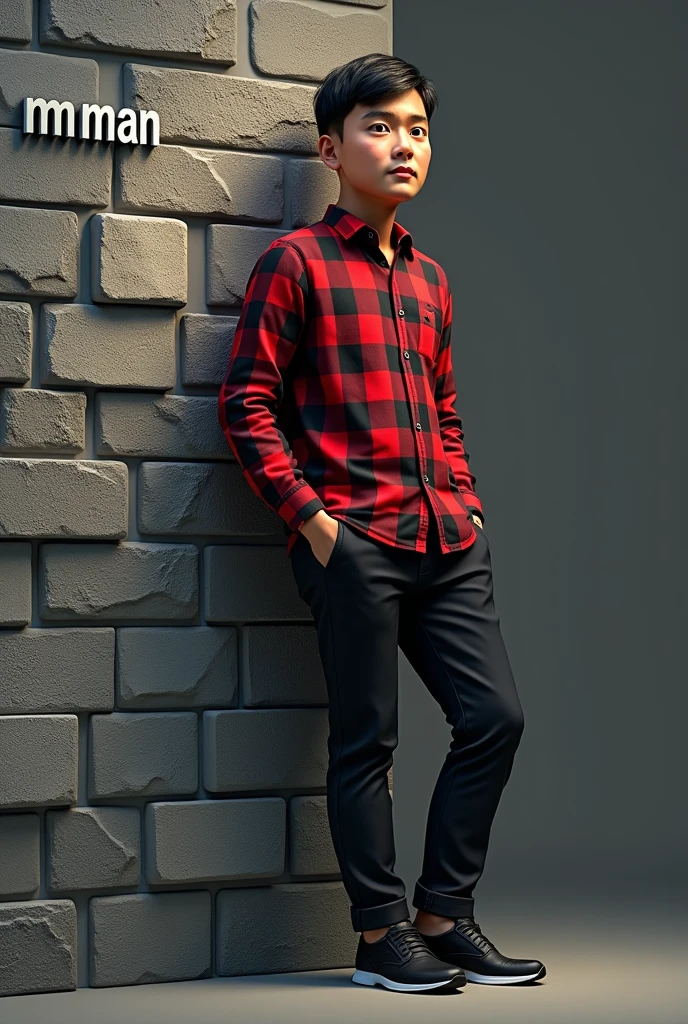 arafed boy in a red and black shirt and black shorts, black shirt with red suspenders, full body photograph, red shirt brown pants, full body model, ???, full body portrait shot, magical school student uniform, full body picture, boy has short black hair, black red white clothes, cai xukun, young boy, modern casual clothing