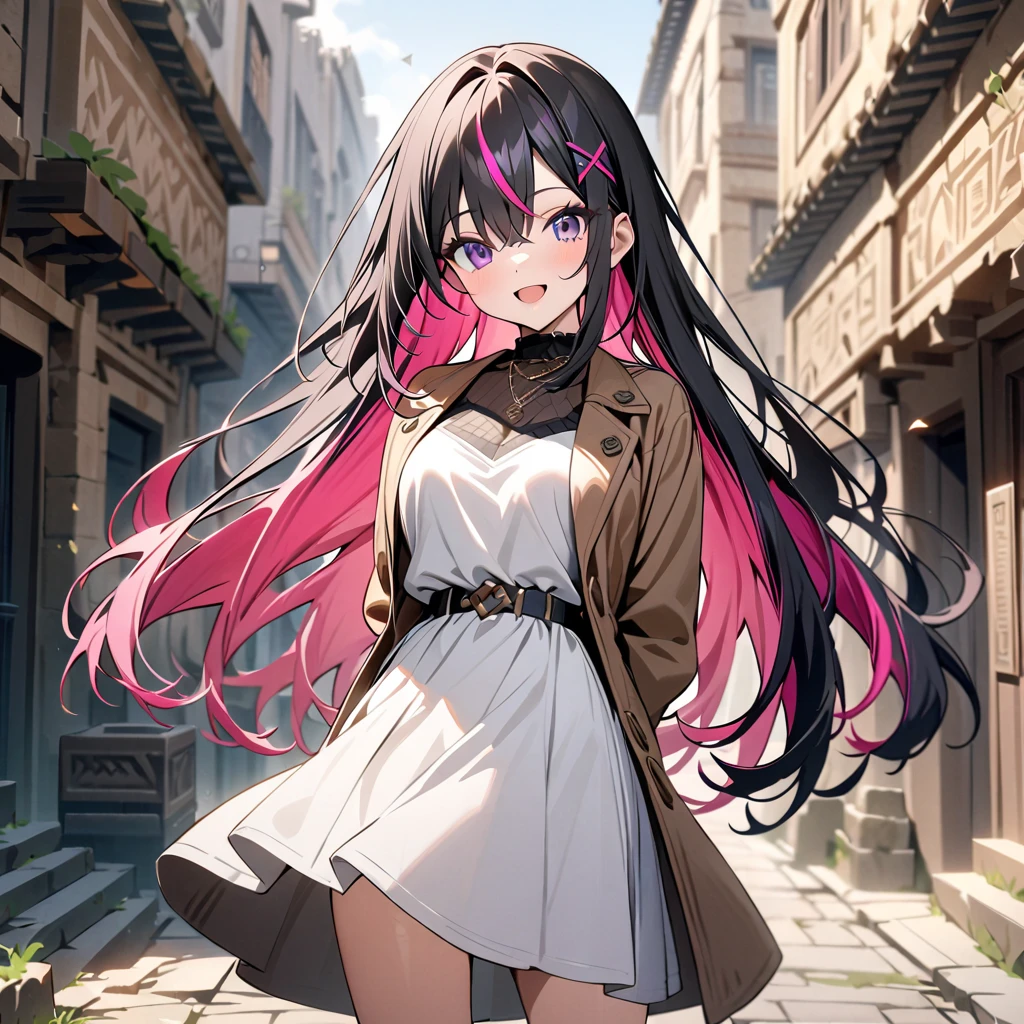 masterpiece, best quality,  highres icon, 1girl, solo, multicolored hair, pink hair, purple eyes, black hair, dress, colored inner hair, hair between eyes, white dress, brown jacket, two-tone hair, jewelry, long sleeves, X Hair Ornament, bangs, bracelet, very long hair, streaked hair, hairclip, standing, cowboy shot, smile, street, arms behind back, open mouth, Holding a knife、Smiling, 
Archaeological sites in ancient cities