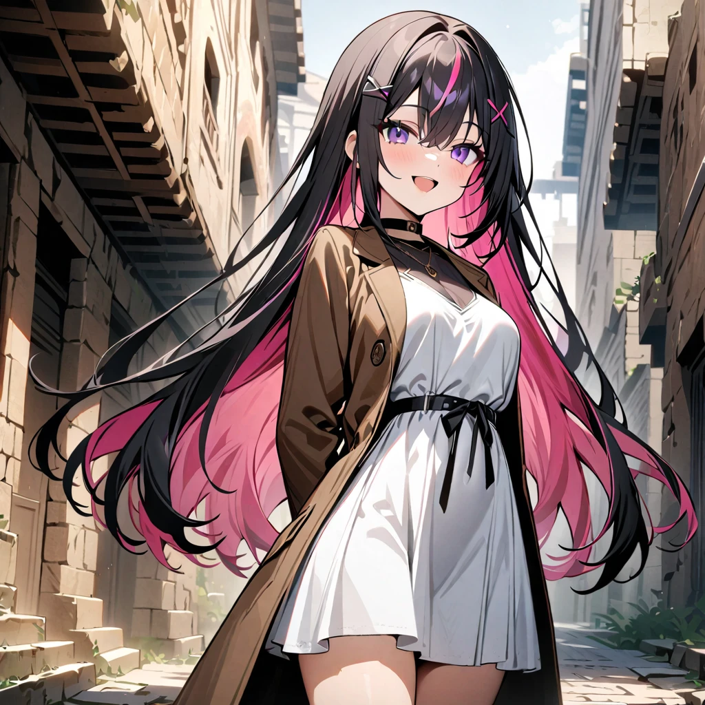 masterpiece, best quality,  highres icon, 1girl, solo, multicolored hair, pink hair, purple eyes, black hair, dress, colored inner hair, hair between eyes, white dress, brown jacket, two-tone hair, jewelry, long sleeves, X Hair Ornament, bangs, bracelet, very long hair, streaked hair, hairclip, standing, cowboy shot, smile, street, arms behind back, open mouth, Holding a knife、Smiling, 
Archaeological sites in ancient cities