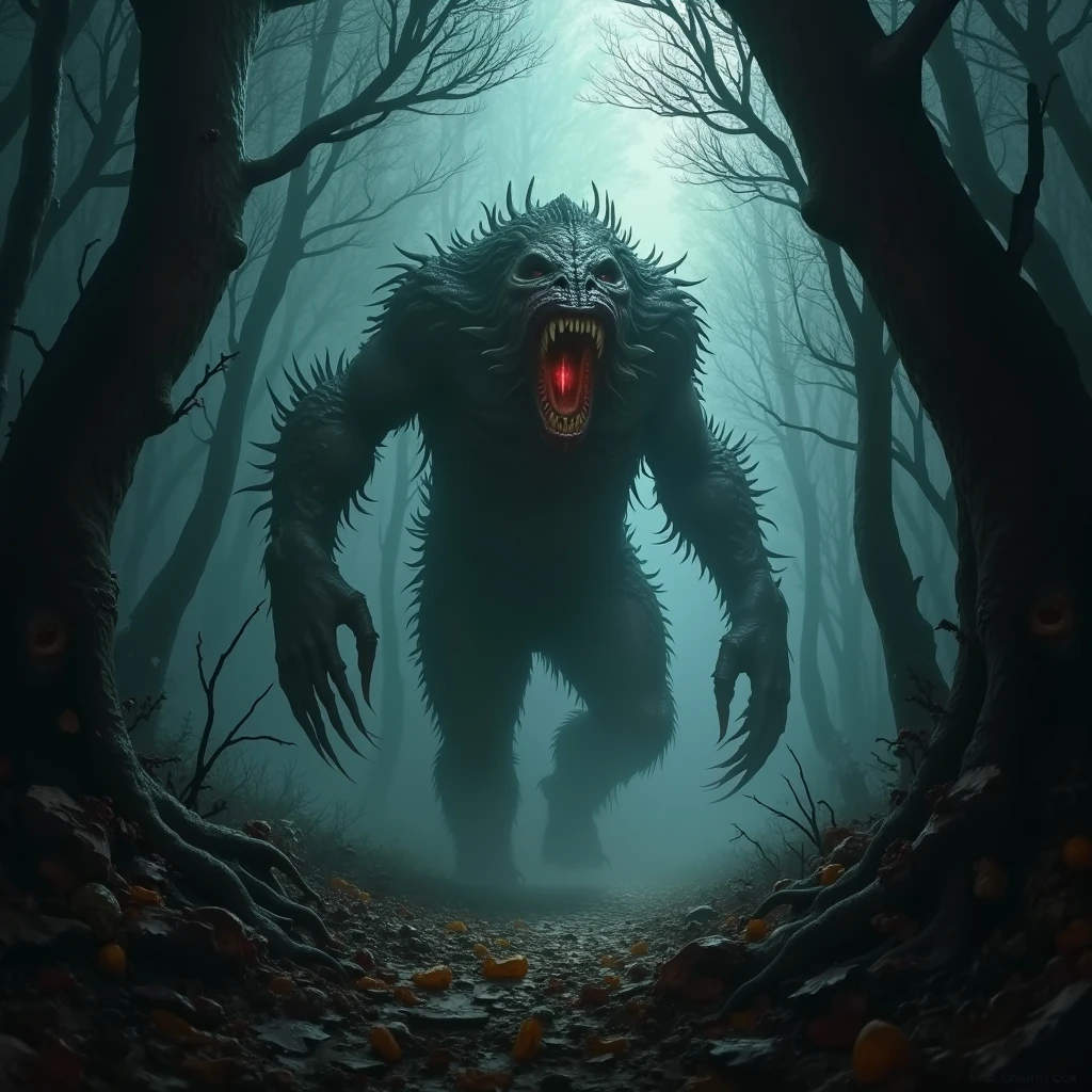 (((horror style))), image of a very tall and thin creature with two megaphones for a head, Trevor Henderson, hiding in the trees in a dark forest, rotten muscles, super detailed graphic, 4k resolution