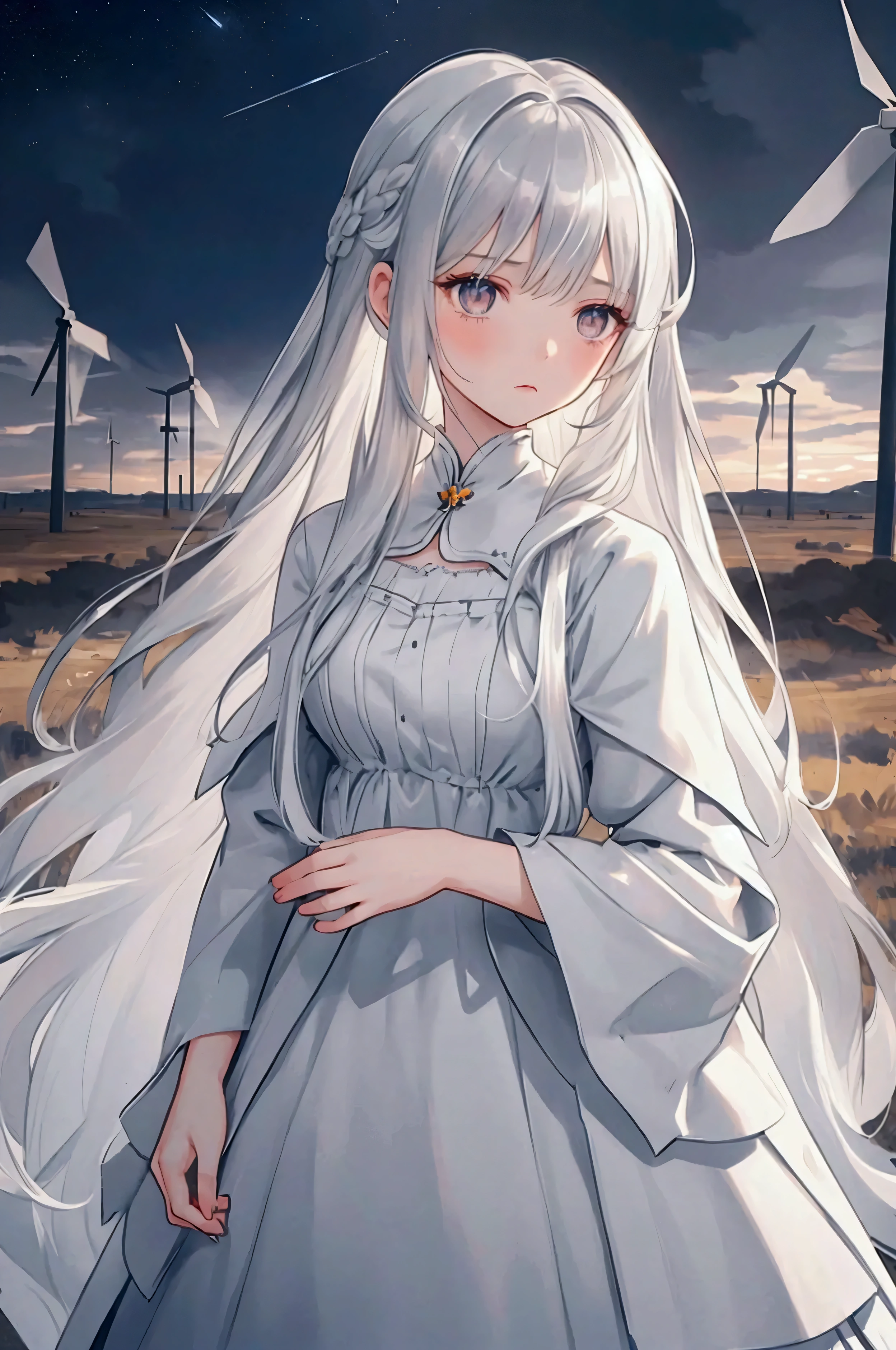 illustration, best quality, 1girl, doll-like appearance, long silver hair, flowing dress, melancholic expression, standing in a desolate field, two large windmills in the background, illuminated by soft moonlight, cloudy night sky, ethereal glow, wind gently blowing through the scene, surreal atmosphere, poetic and mysterious tone
