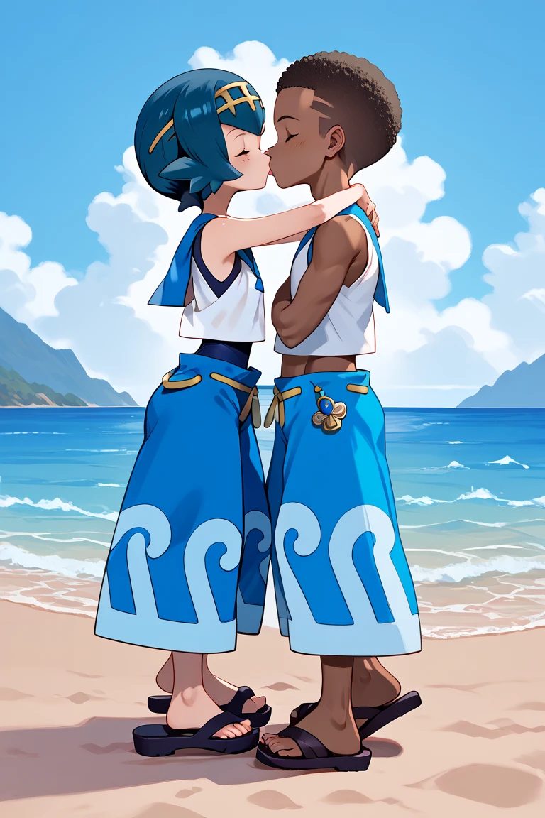 1girl, lana \(pokemon\),  2default2, yellow hairband, swimsuit under clothes, blue swimsuit, white shirt, sleeveless shirt, baggy pants, blue pants, blue sailor collar, sandals, wave pattern pants, indoor,hotel,cowboy shot, blushing, incoming kiss, closed eyes, colarbone, 1boy, 1girl, kiss, couple, hetero male, tall male, interracial, very dark skin, african male, dark skinnend male, male with afro, blaick haired male,
, dynamic angle, 