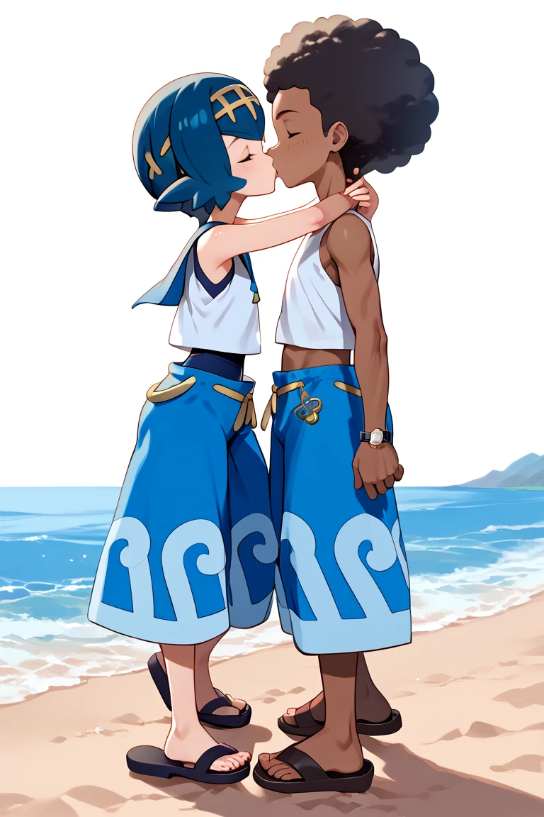 1girl, lana \(pokemon\),  2default2, yellow hairband, swimsuit under clothes, blue swimsuit, white shirt, sleeveless shirt, baggy pants, blue pants, blue sailor collar, sandals, wave pattern pants, indoor,hotel,cowboy shot, blushing, incoming kiss, closed eyes, colarbone, 1boy, 1girl, kiss, couple, hetero male, tall male, interracial, very dark skin, african male, dark skinnend male, male with afro, blaick haired male,
, dynamic angle, 