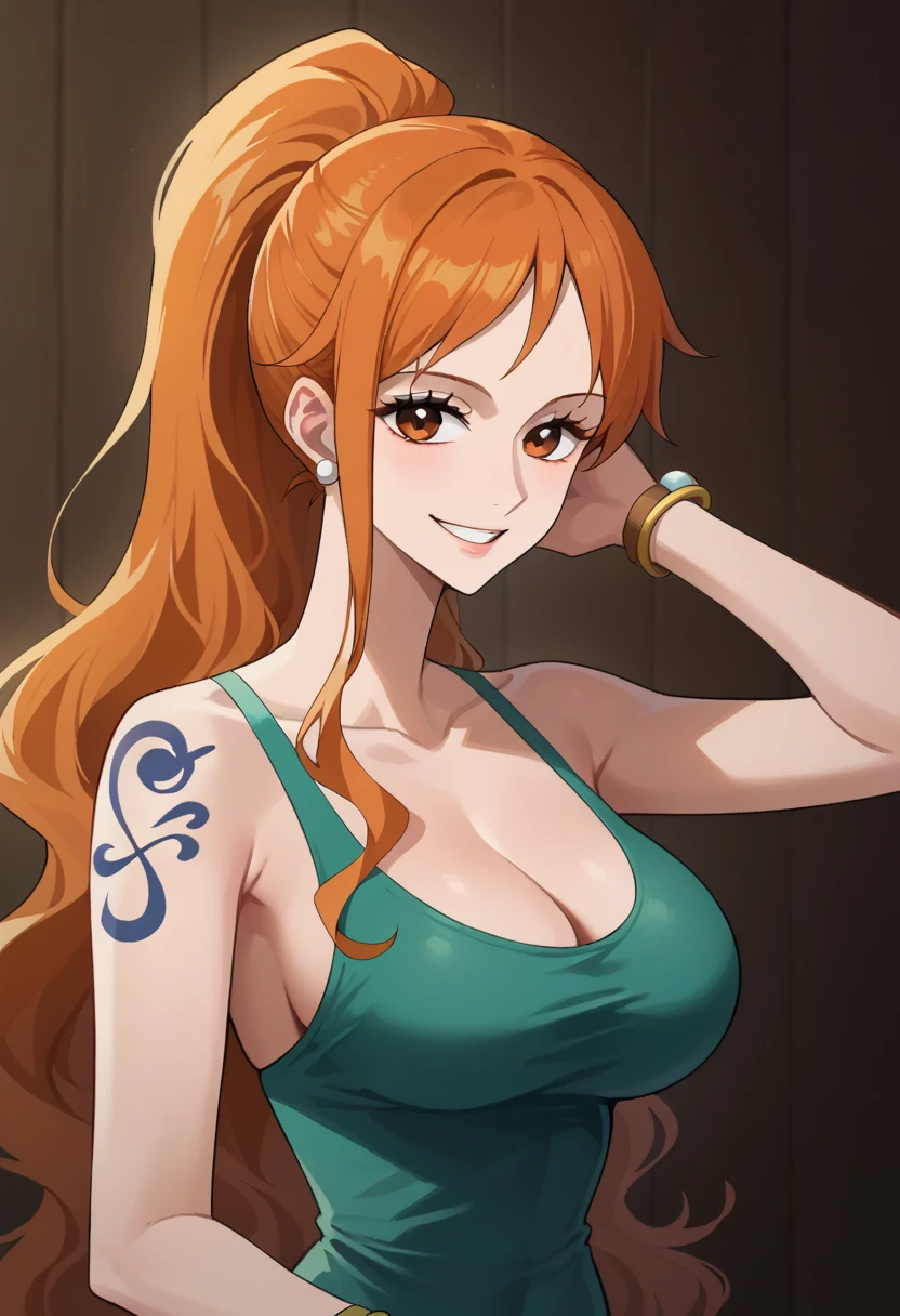 1girl, solo, long hair, smile, jewelry, orange hair, earrings, looking at viewer, bracelet, breasts, ponytail, brown eyes, orange eyes, left shoulder tattoo, bare shoulders, very long hair, sidelocks, bangs, collarbone, left arm tattoo, bare arms, shiny hair, bangle, large breasts, wavy hair, ,nami_\(one_piece\), dongtan dress, standing