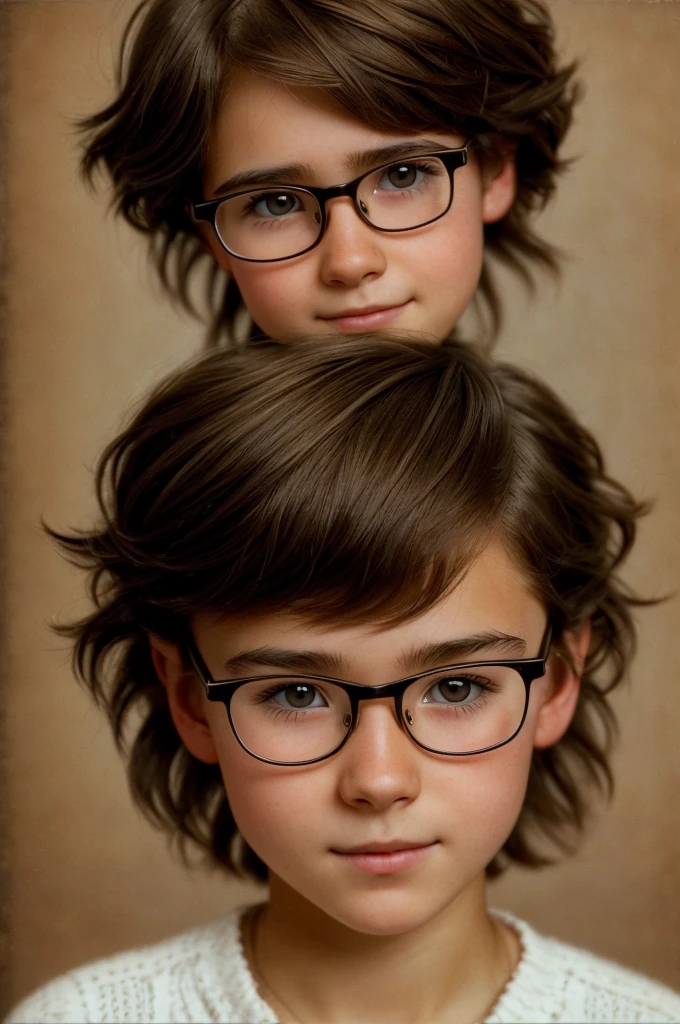 Realistic photo of a 28yo tomboy girl with natural nice soft chestnuts of European appearance, boyish short disheveled shaggy brown hair to pixie hairstyle; Large shiny dark brown eyes, eyelashes, thick eyebrows, ((glasses)), (rounded innocent and cute face), Mischievous, Carefree, Shameless, Cheerful, lgbt, mischievous hooligan look, She looks at the camera from under his eyebrows(a slight tilt of the head forward and down), free boyish clothstyle, Shoes; no makeup, no jewelry, no earrings, Unadorned; Gouging hooligan pose; Professional studio photography with a film SLR camera("Zorkiy-4"), (upper part body shot to passport photo), hight resolution, Natural Realistic Detailed Skin Texture, natural lightin, 8K, Texture of the photo card, Maximum photorealism, masterpiece