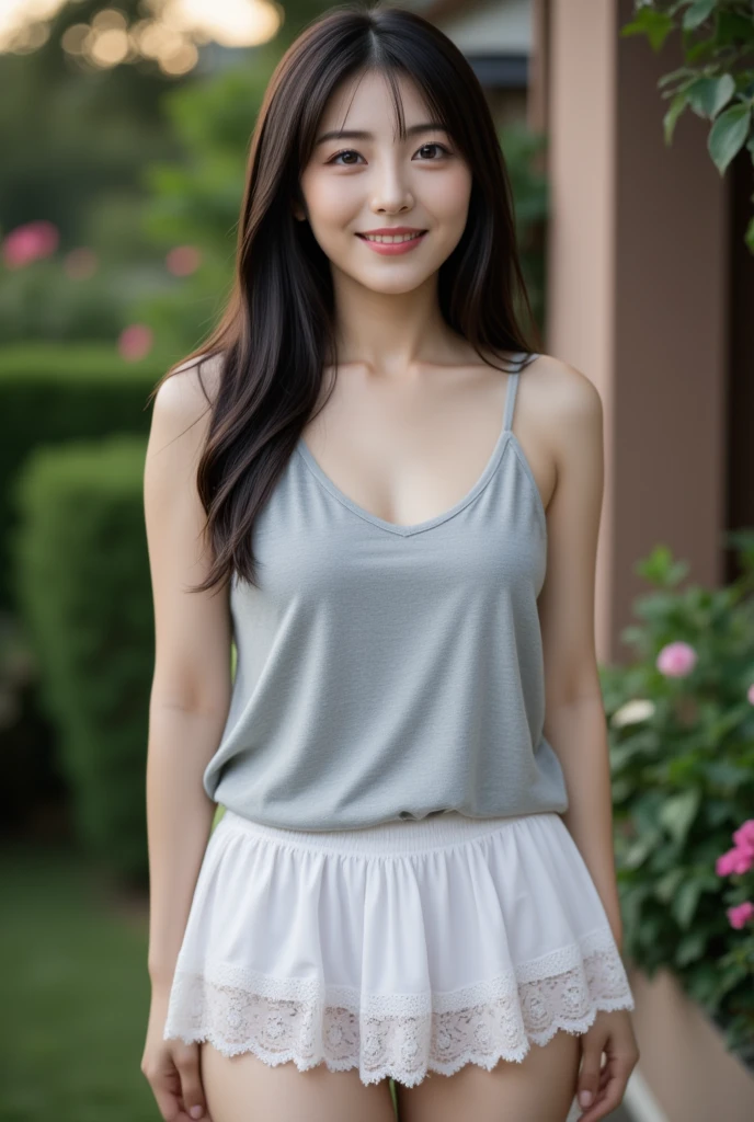 photorealistic, 8K, ultra realistic details, sharp focus, detailed skin, (outdoor,typically cozy with soft lighting, comfortable seating), (mini skirt, crop top, block heels, statement necklace), extremely detailed face and eyes, (big breasts)
