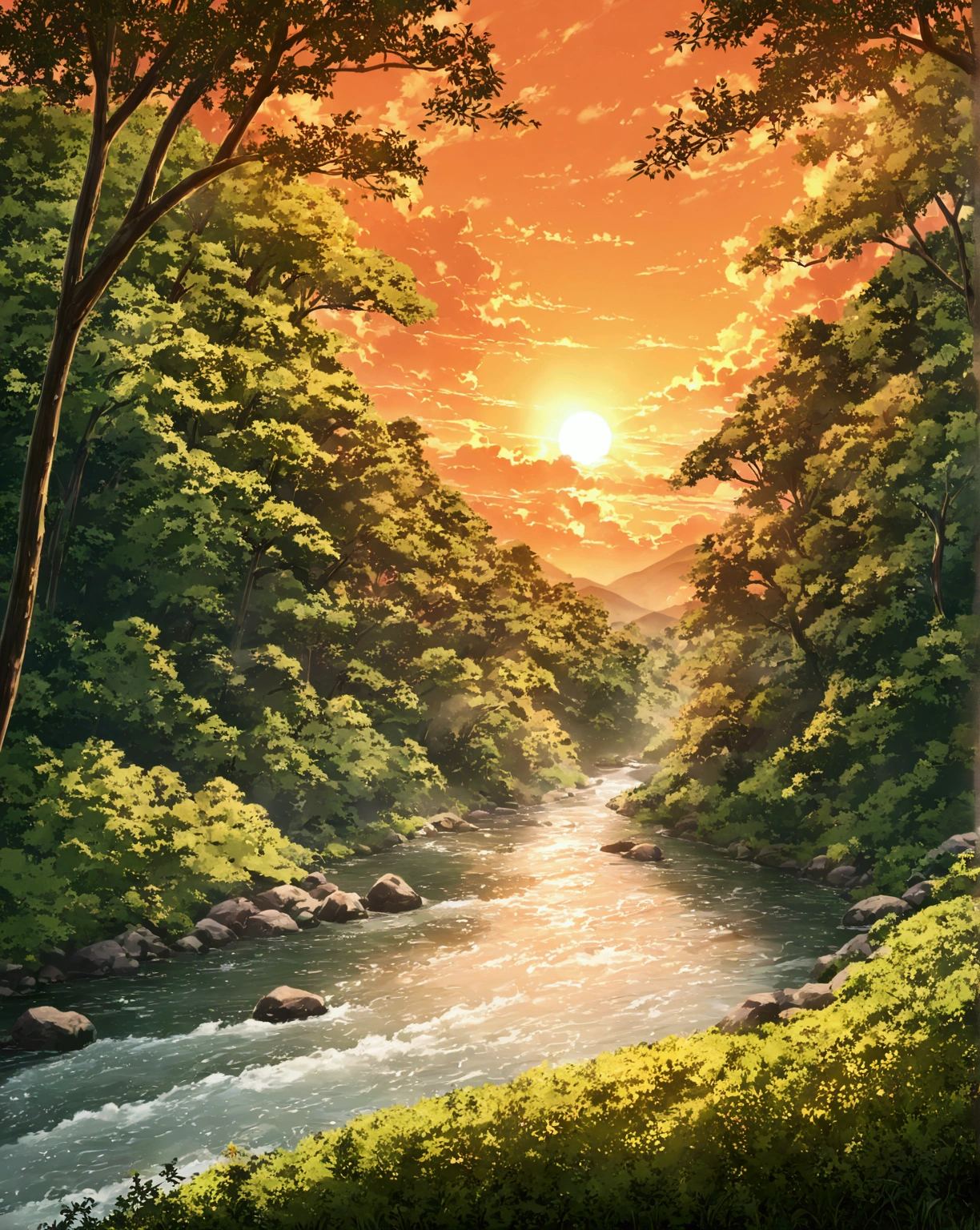 wallpaper, Japanese, nature, orange sky, trees, gress, river, hd, 8k