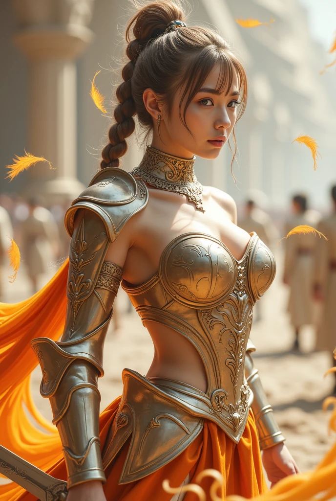 In ancient Rome, we behold a vast battlefield shrouded in mist, smoke, and illuminated by the radiant sun. A female character stands adorned in intricately detailed short armor that reflects her strength and warrior spirit. Her attire boasts meticulous designs on the breastplate, shield, and sword. Her helmet, crafted luxuriously, is embellished with golden wings that enhance her beauty and strength. The character exhibits a pose reminiscent of a dance, with her body moving in fluid motions like waves, exuding a radiant aura of confidence and power. The color tones of the image are warm, dominated by rich gold, silver, and deep black. The background is an expansive battlefield covered in mist, smoke, and fire, complemented by gentle sunlight creating a lifelike and vibrant atmosphere. The perspective highlights clear details of the character, with a low-angle camera that accentuates her grandeur and beauty.