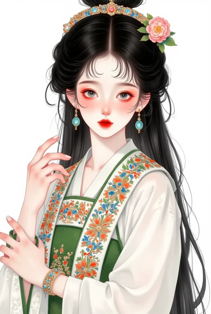 a beautiful young girl in traditional chinese clothing, detailed facial features, piercing black eyes, long black hair, closed mouth expression, wearing ornate jewelry and accessories including earrings, necklace, and bracelet, elegant long sleeves, looking directly at the viewer, subtle makeup including red lipstick, serene solitary expression, (best quality,4k,8k,highres,masterpiece:1.2),ultra-detailed,(realistic,photorealistic,photo-realistic:1.37),porcelain skin,intricate details,cinematic lighting,vibrant colors,chiaroscuro lighting