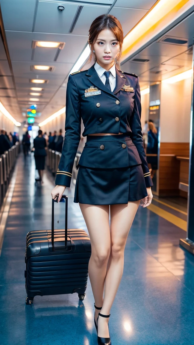 A beautiful, 24-year-old Japanese woman with perfect anatomy, healthy thighs, beautiful legs, beautiful skin, random hair color and style, large breasts, (wearing a flight attendant uniform with a mini-skirt:1.3), full body shot, pumps, carrying a suitcase, at the airport, (best quality,4k,8k,highres,masterpiece:1.3),(extremely detailed:1.2),realistic,photorealistic,photo-realistic:1.37,professional,vivid colors, studio lighting