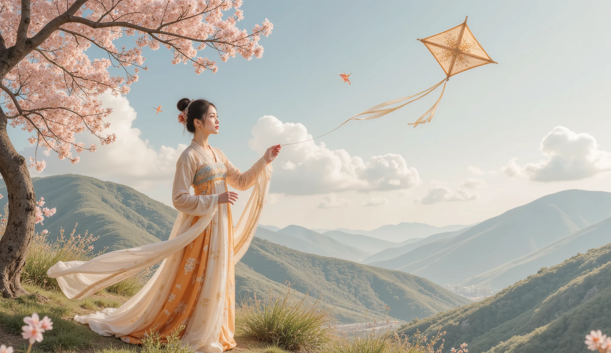 Tang Dynasty,Girl wearing Hanfu,spring,The girl flies a paper kite , hoping it will bring back memories of the boy。