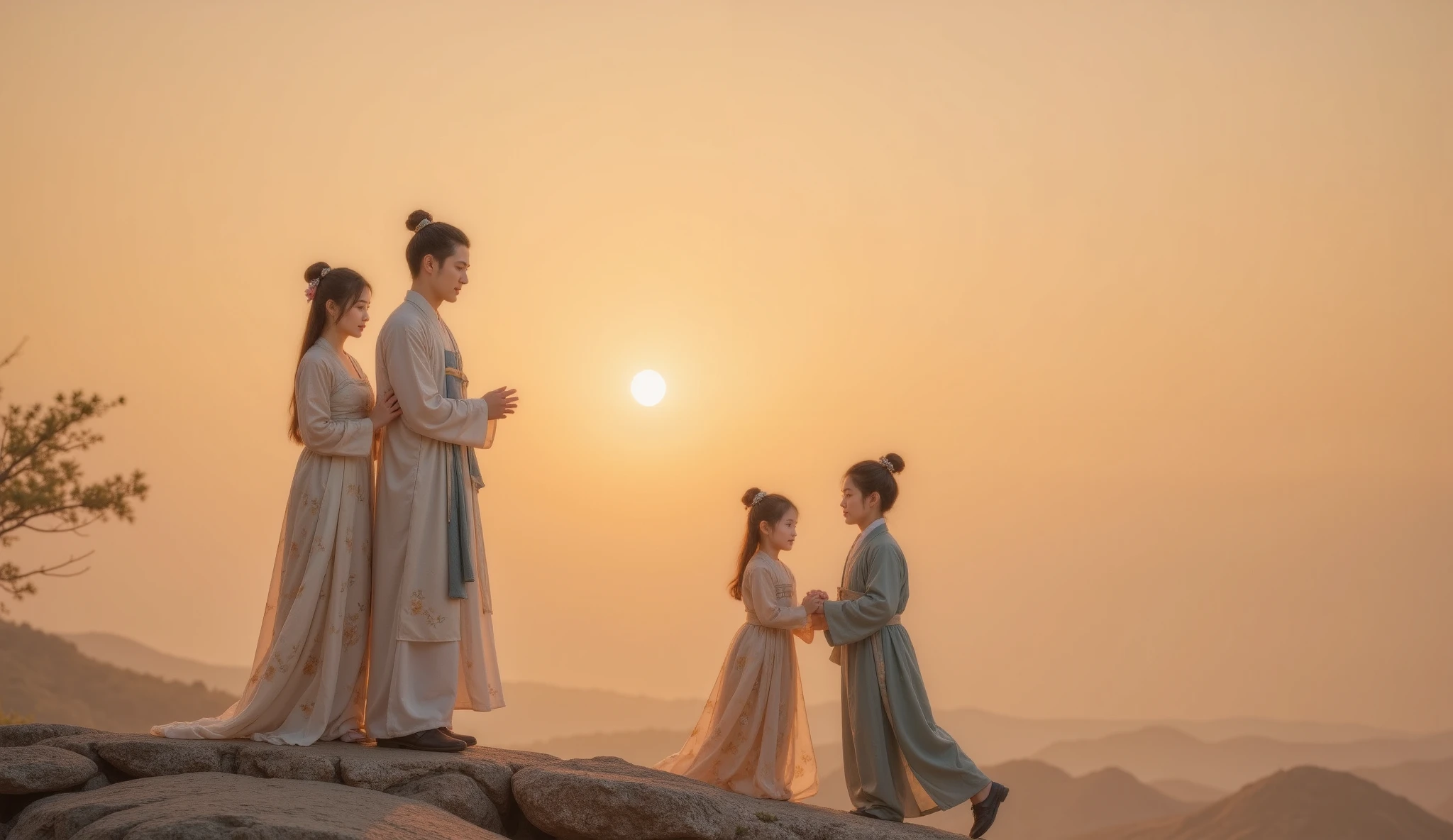 Tang Dynasty，Zoom out，The four people under the sunset ，Man wearing a robe，woman，boy，girl，Parents holding hands ，sideways，woman靠着男人，Two kids playing in front of their parents ，girl穿着汉服，boy穿Crewneck robe， symbolize the heritage and eternity of love。
