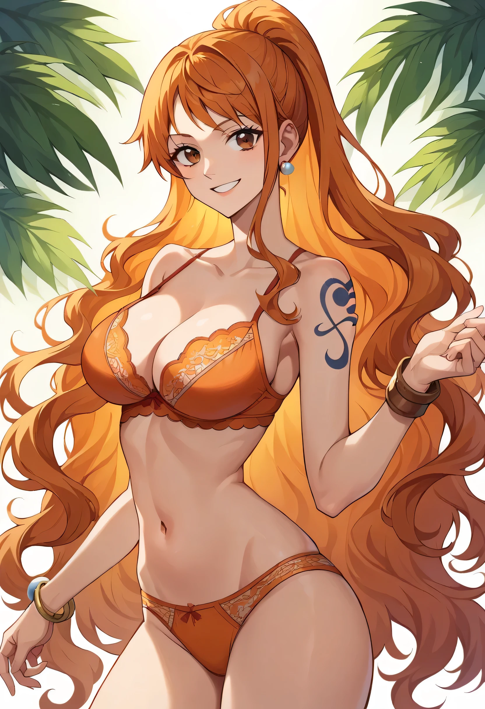 1girl, solo, long hair, smile, jewelry, orange hair, earrings, looking at viewer, bracelet, breasts, ponytail, brown eyes, orange eyes, left shoulder tattoo, bare shoulders, very long hair, sidelocks, bangs, collarbone, left arm tattoo, bare arms, shiny hair, bangle, large breasts, wavy hair, ,nami_\(one_piece\), orange lace bra, orange lace panties, standing