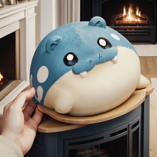 From above、fireplace、(((close up))) 、animal、Cute and fat、 futon、(((        chibi))),spheal_pk、Round Head、A slippery body、Short Hand、Round ears、 round eyes、Smiling face、 illustration , no nose、