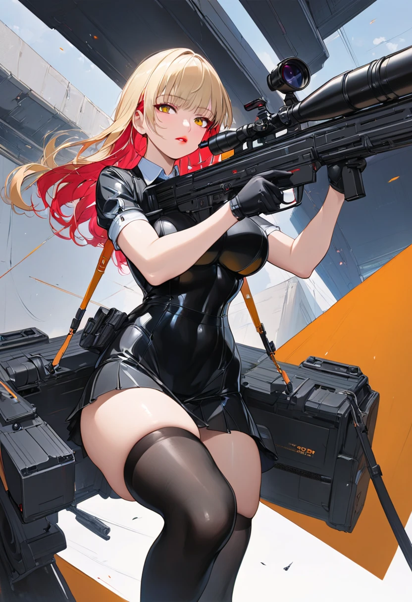 A hyper-realistic、ultra-detailliert、top-quality、hight resolution、Glamour Japan goddess in black costume with giant Gatling gun、ultra gigantic tits、hposing Gravure Idol、in detail