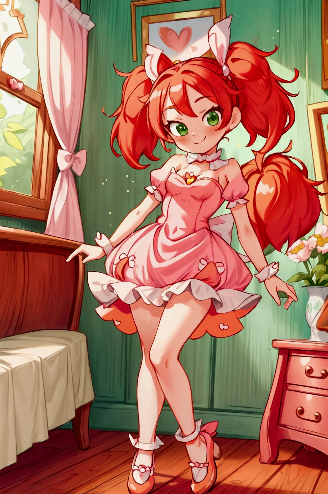 (Masterpiece, best quality) standing indoors with intricate details and sunlight, 1girl, red hair, twintails, green eyes, hair bow, pink and white frilled dress with short neckline, orange heels shoes, Mischievous smile,sexy pose, coquette, beautiful long legs, , gorgeous body, pronounced breasts.
