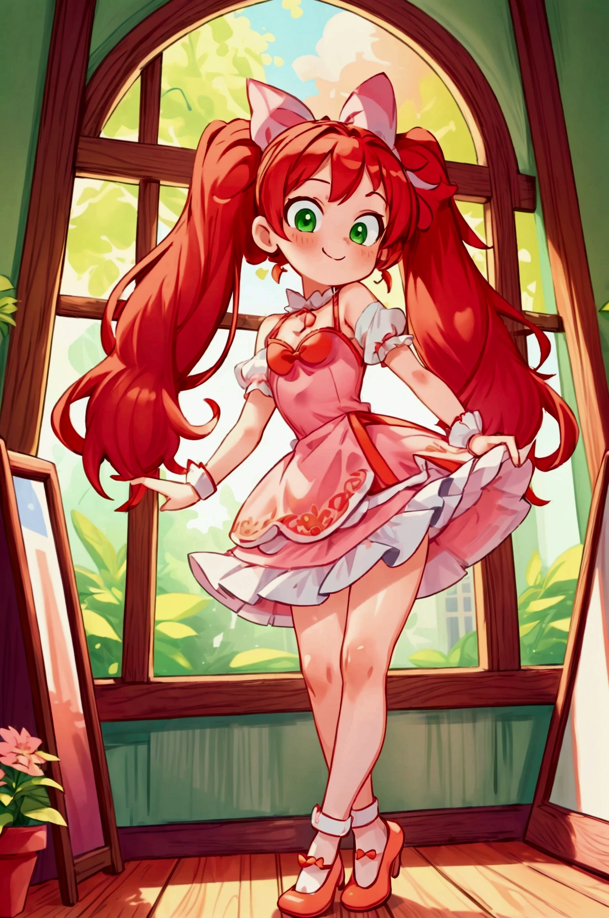 (Masterpiece, best quality) standing indoors with intricate details and sunlight, 1girl, red hair, twintails, green eyes, hair bow, pink and white frilled dress with short neckline, orange heels shoes, Mischievous smile,sexy pose, coquette, beautiful long legs, teen girl, gorgeous body, pronounced breasts.
