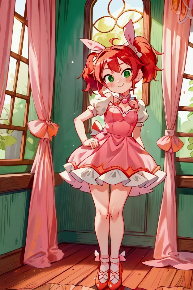 (Masterpiece, best quality) standing indoors with intricate details and sunlight, 1girl, red hair, twintails, green eyes, hair bow, pink and white frilled dress with short neckline, orange heels shoes, Mischievous smile,sexy pose, coquette, beautiful long legs, teen girl, gorgeous body, pronounced breasts.
