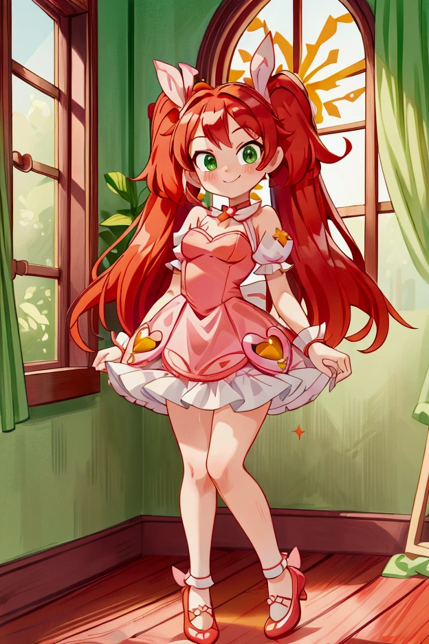 (Masterpiece, best quality) standing indoors with intricate details and sunlight, 1girl, red hair, twintails, green eyes, hair bow, pink and white frilled dress with short neckline, orange heels shoes, Mischievous smile,sexy pose, coquette, beautiful long legs, teen girl, gorgeous body, pronounced breasts.
