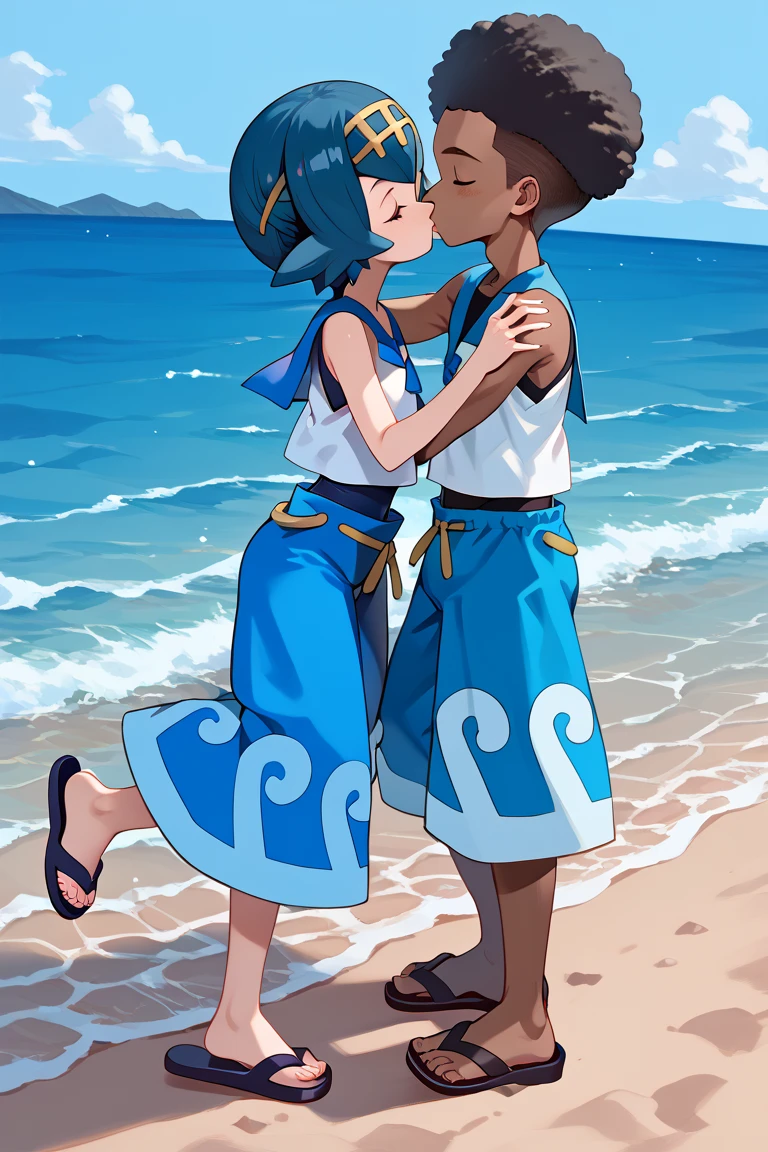 1girl, lana \(pokemon\),  2default2, yellow hairband, swimsuit under clothes, blue swimsuit, white shirt, sleeveless shirt, baggy pants, blue pants, blue sailor collar, sandals, wave pattern pants, indoor,hotel,cowboy shot, blushing, incoming kiss, closed eyes, colarbone, 1boy, 1girl, kiss, couple, hetero male, tall male, interracial, very dark skin, african male, dark skinnend male, male with afro, blaick haired male,
, dynamic angle, 