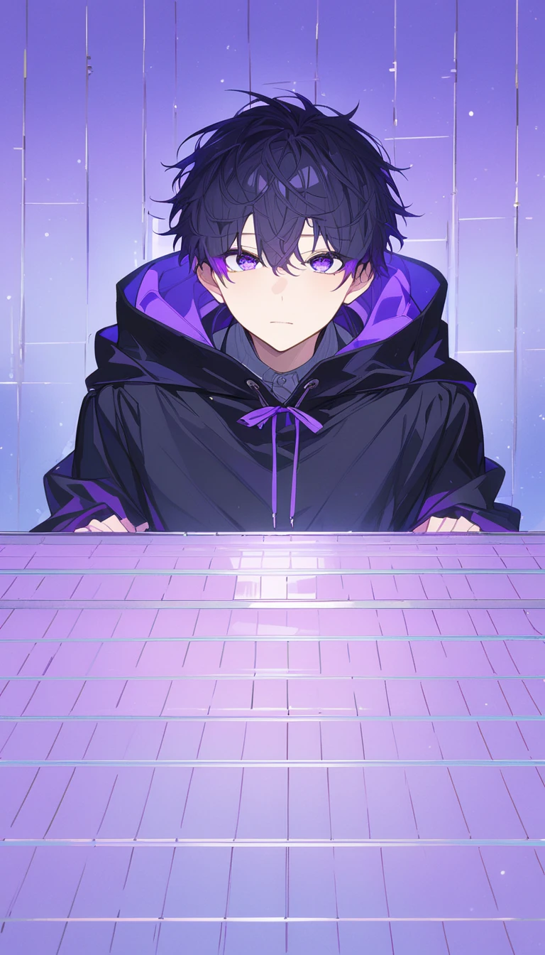  handsome, Alone,1 teenager、 facing here、 charming eyes、masterpiece,  best quality, I'm looking at this, purple eyes、 black hair、 black hood、 No Emotion、 charming eyes、 short hair 、 cool vibe。From the chest up、Purple hair tips。The tips of my hair are slightly undulating 