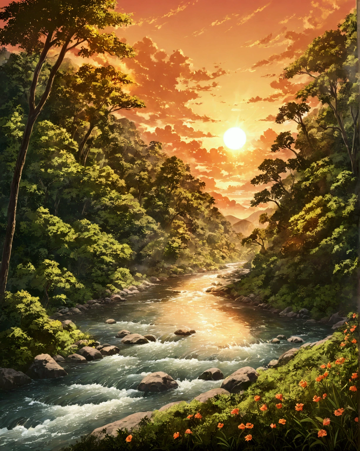 painting of a river with a sunset in the background, scenery artwork, detailed scenery —width 672, forest and river, river in the wood, sunset in a valley, detailed painting 8 k, river in a forest, scenery art detailed, beautiful detailed scene, . background: jungle river, hildebrandt, mountains river trees, by David B. Mattingly