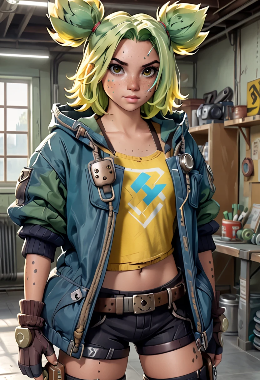 ZeriLoLXL, brown eyes, green hair, twintails, sidelocks, freckles, bandaid on face, medium breasts, blue jacket, open jacket, yellow midriff, gloves, fingerless gloves, black pants, belt, knee pads, boots, solo, standing, looking at viewer, indoors